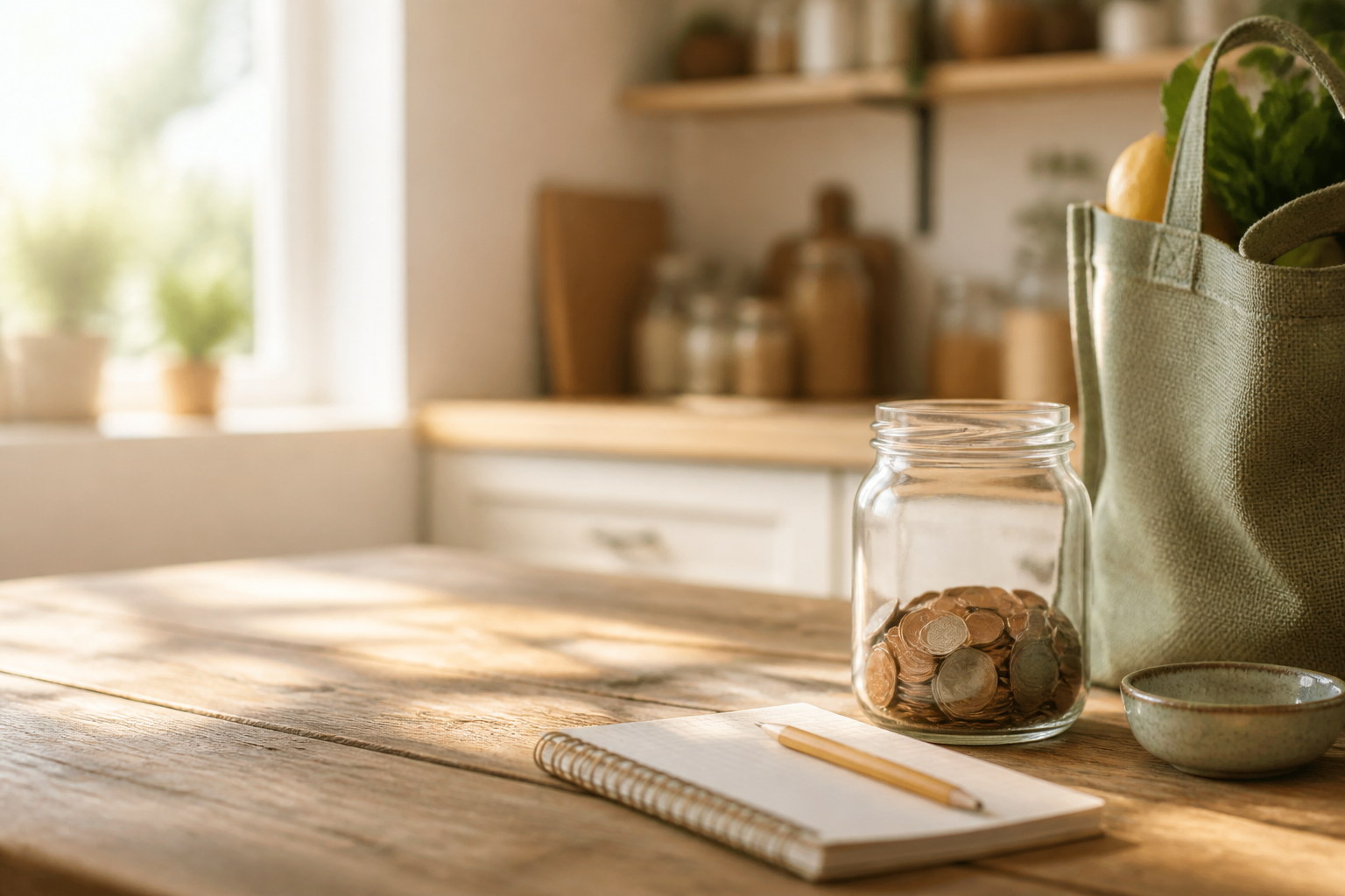 A jar of coins and a budget notebook on a sunny kitchen table